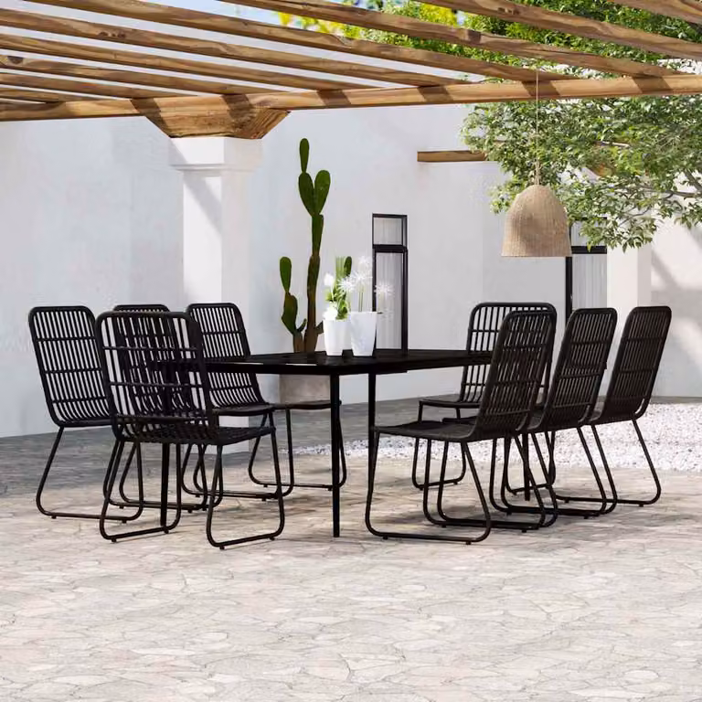 Set da pranzo per giardino e terrazzo vidaXL in metallo nero con cuscini e piano in vetro, 9 pezzi