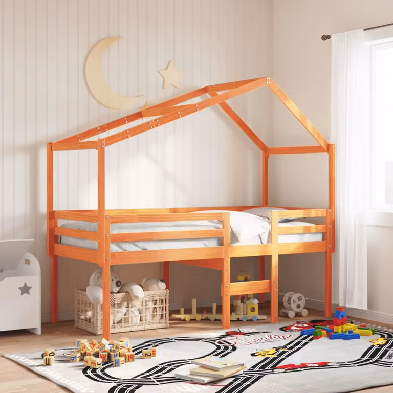 Letto a soppalco con tetto a casetta vidaXL in legno di pino marrone cera per bambini L/P: 200 x 90 cm