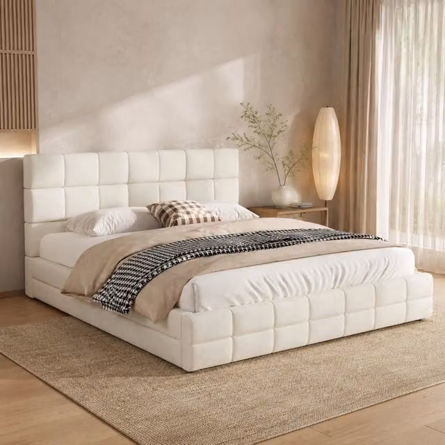 Letto imbottito 180 × 200 cm con testiera in velluto beige struttura in MDF e compensato