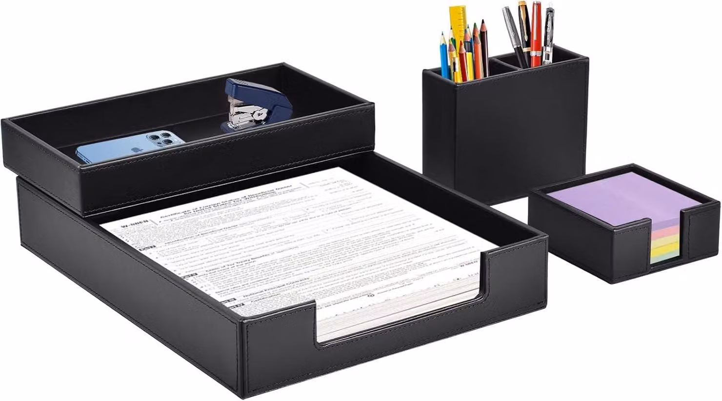 Set da scrivania in ecopelle, composto da 4 pezzi, colore nero, per l'organizzazione della postazione di lavoro