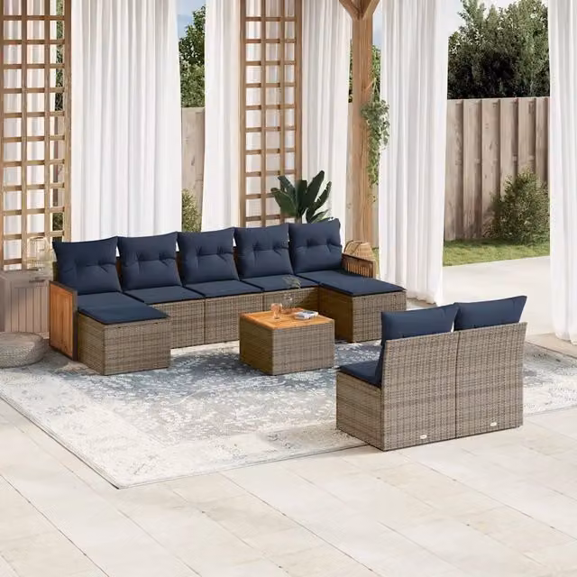 Set Divani da Giardino 10 pz con Cuscini Grigio in Polyrattan 3228063