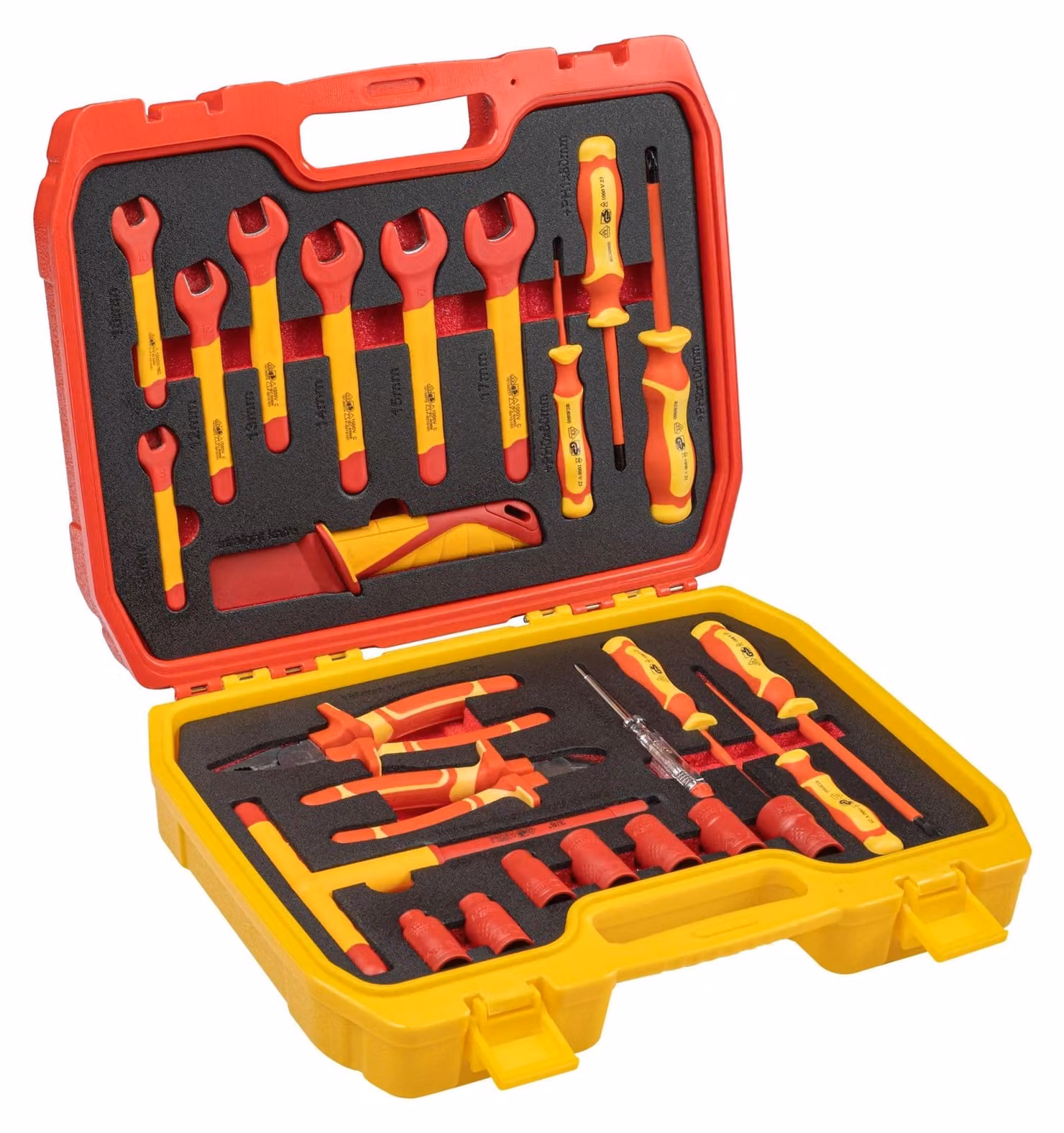 Set di utensili isolati da 1000 V, 25 pezzi – Set VDE con cacciaviti, pinze, chiavi a bussola, chiavi fisse | Högert Technik