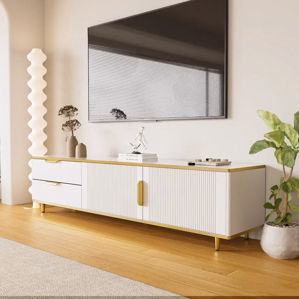 Mobile TV basso Zephmum moderno in legno bianco con dettagli dorati e struttura effetto marmo L/P/H: 170 x 45 x 37 cm – 2