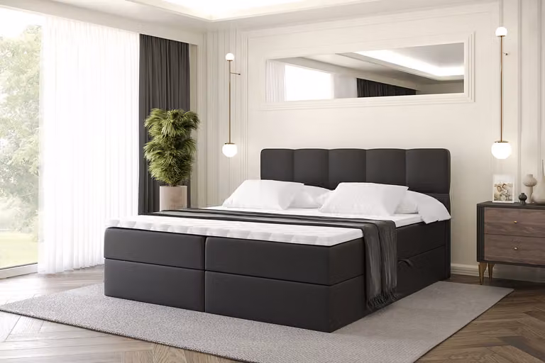 Letto boxspring ALTDECOR con materasso e rete a doghe, topper, letto imbottito con contenitore, letto con spazio contenitivo e materasso H3, letto matrimoniale, letto a cassettoni - LIRO - 200x200 - Pelle finta nera