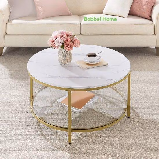 Tavolino con piano in vetro - Tavolino rotondo per il soggiorno - Tavolino da banco - Tavolino per il soggiorno con piano in vetro - Ampio spazio di stoccaggio - Tavolino con piano in vetro - Stile moderno - Bianco marmo e dettagli dorati