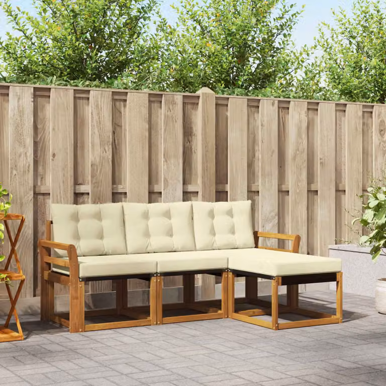 Set di divani da esterno vidaXL a forma di L con pouf, struttura in legno di acacia trattato e sedute in tessuto beige e bianco