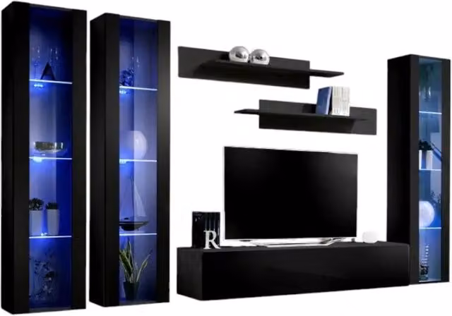 Composizione murale FLY C2 Meublorama Nero lucido con mobile TV sospeso, colonne vetrate LED e mensole per soggiorno moderno – 1