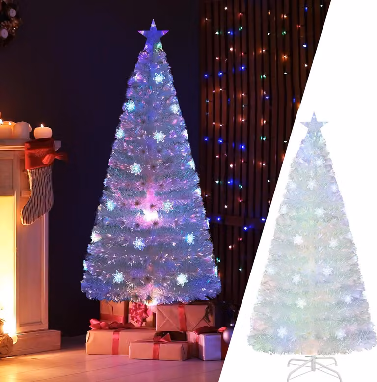 COSTWAY Albero di Natale artificiale con luci, albero di Natale con luci LED colorate e fibra di vetro e cima a stella, albero di Natale per casa ufficio negozi hotel, bianco (180 cm)