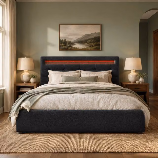 Letto matrimoniale ULEVR 140x200 cm con LED, testiera regolabile e 4 cassetti, nero
