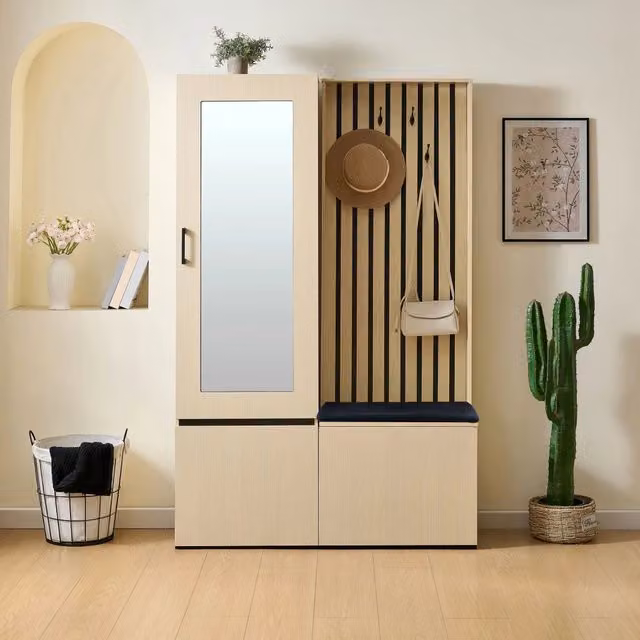 Set di mobili per l'ingresso, armadio guardaroba, scarpiera, con specchio, asta appendiabiti estensibile, 4 ganci, panca imbottita, colore legno naturale e nero