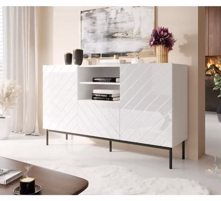 Abeto scrivania su telaio in acciaio nero 150x42x90 bianco/bianco lucido