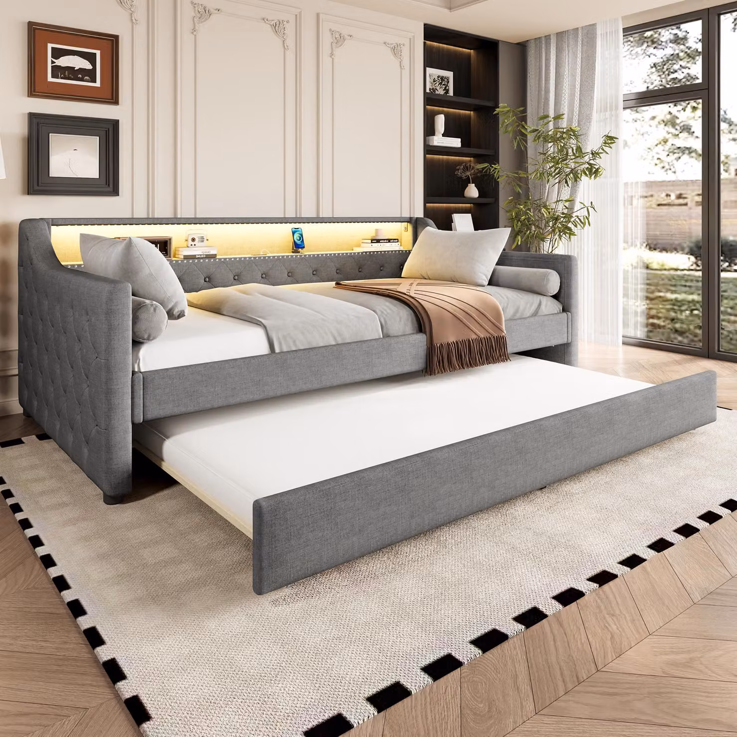 Divano letto 90 x 200 cm con letto estraibile 90 x 190 cm, illuminazione LED controllabile tramite app, porta USB, rete a doghe, tessuto in lino, colore grigio
