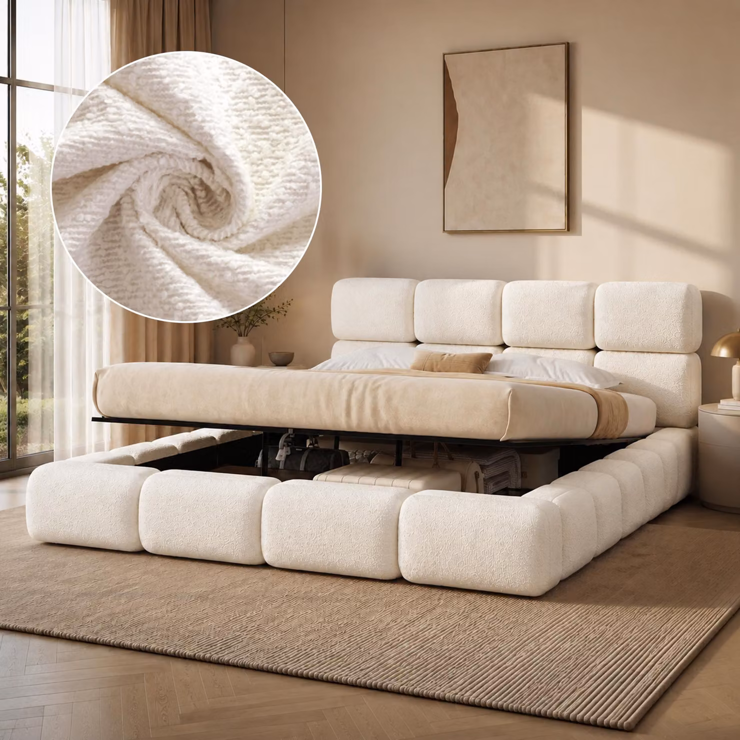 Letto matrimoniale MODFU 200x200 con sistema idraulico, struttura imbottita con spazio contenitore, design "nuvola", letto per giovani con rete a doghe e testiera imbottita, senza materasso, colore bianco