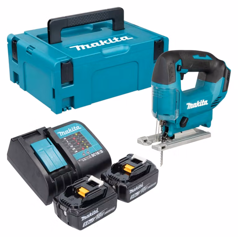 Seghetto alternativo a batteria Makita DJV 186 STJ 18 V + 2 batterie da 5,0 Ah + caricabatterie + Makpac