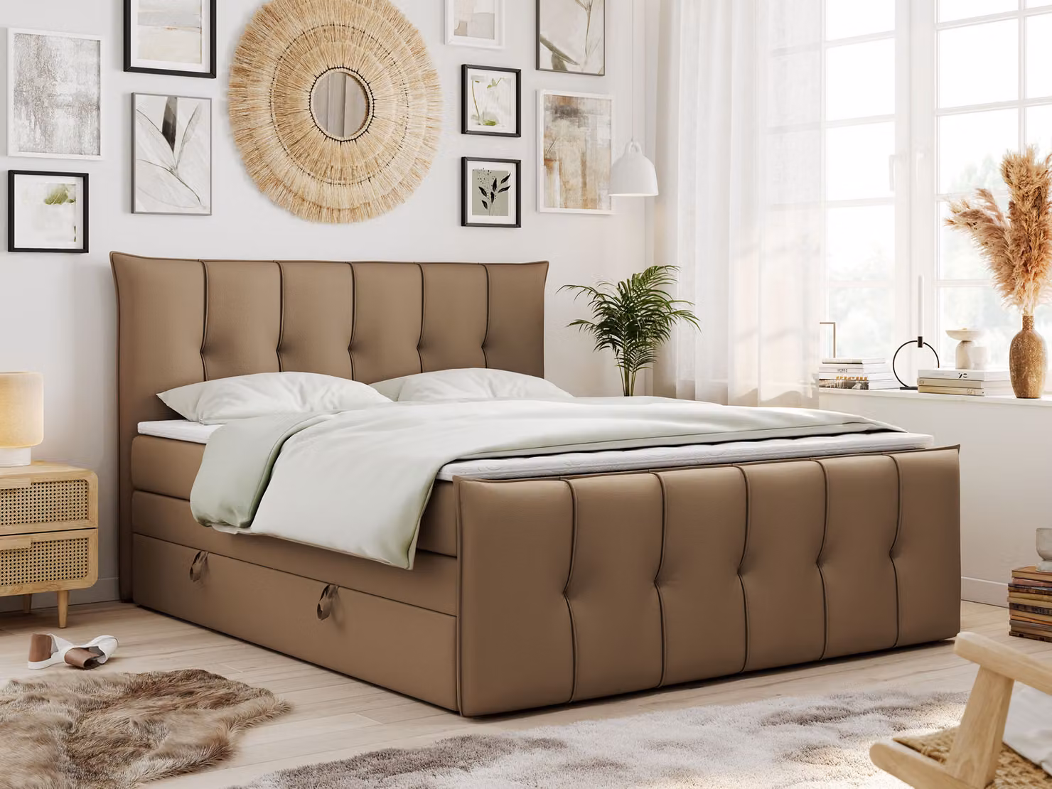 Letto con rete a molle King size 200x200, letto con rete a molle 200x200 con contenitore e materasso H3, letto imbottito 200x200 con materasso, letto 200x200 con contenitore, PREMIUM-11-KING - 200x200 - Marrone - Ecopelle - H3