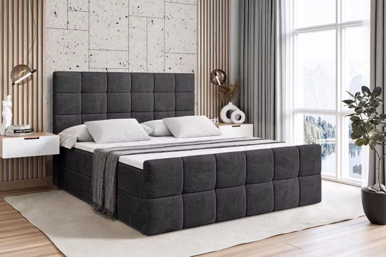 Letto boxspring ALTDECOR con materasso e rete a doghe - - BRUGO -Z - 120x200 cm - Velluto nero - Letto boxspring, pediera, topper, letto imbottito con contenitore, letto con contenitore H4 - Materasso, letto matrimoniale, letto boxspring