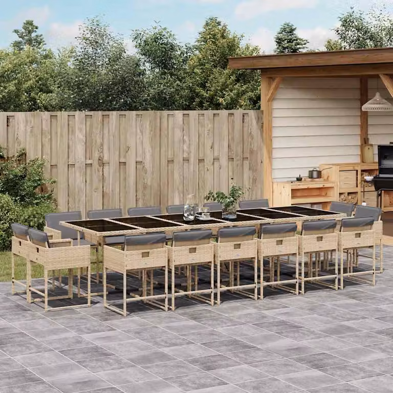 Set Pranzo da Giardino vidaXL in Polyrattan con Cuscini Beige e Grigio e Tavolo in Vetro 17 pz