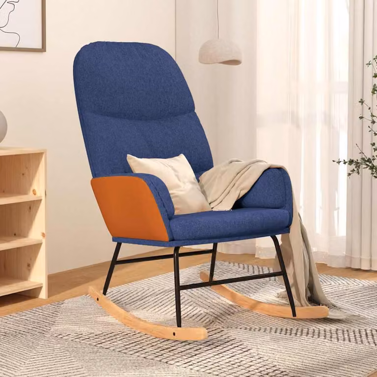 Sedia a dondolo blu in tessuto vidaXL con braccioli e struttura in legno e metallo