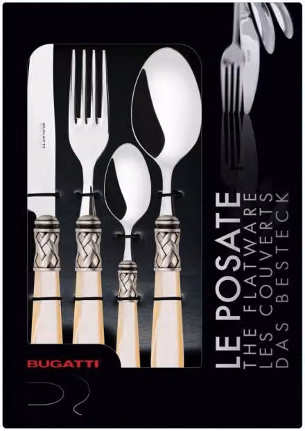 ALADDIN Ghiera Argento Anticato, Posate Set 16 pz, Scatola con Finestra, Casa Bugatti Colore: Avorio