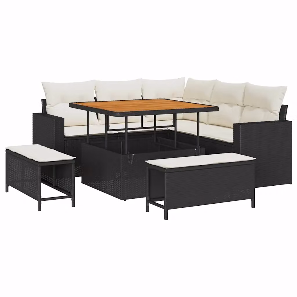 vidaXL Set Divano da Giardino 9 Pezzi a Forma di L con Tavolino e Pouf Nero e Beige – 2