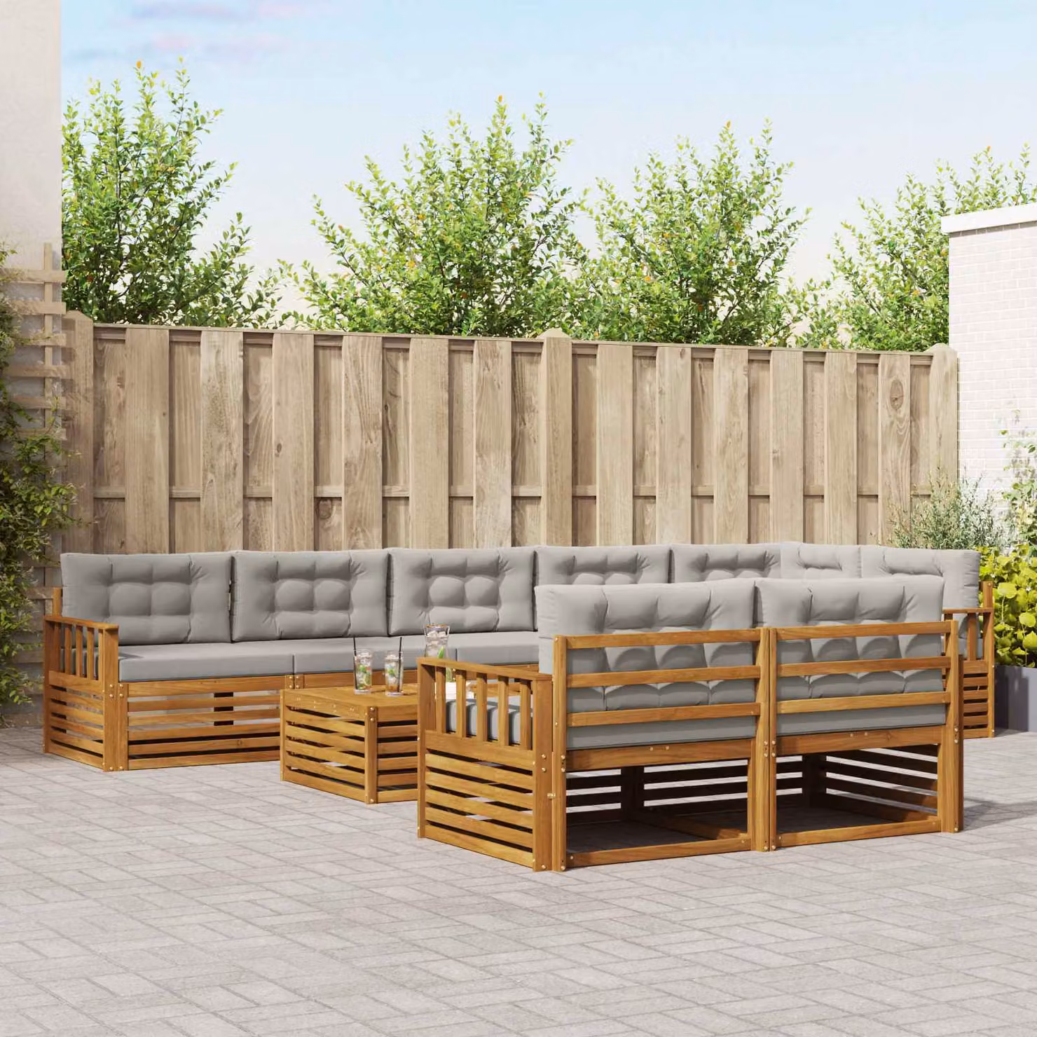 vidaXL Set di divani da esterno a L composto da 9 pezzi in legno di acacia con cuscini, colore grigio e marrone