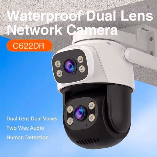 Telecamera Wi-Fi da esterno con doppio obiettivo, telecamera di rete Full HD con visione notturna e rilevamento del movimento
