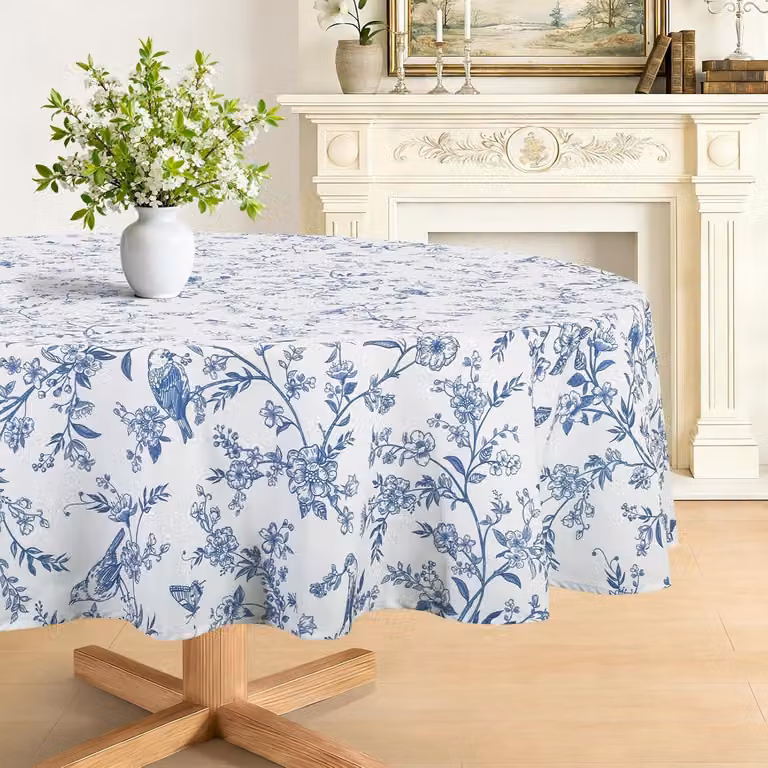 Tovaglia rotonda vintage, decorata con fiori e uccelli, colore blu, diametro 152 cm, ideale per la cucina e per i picnic