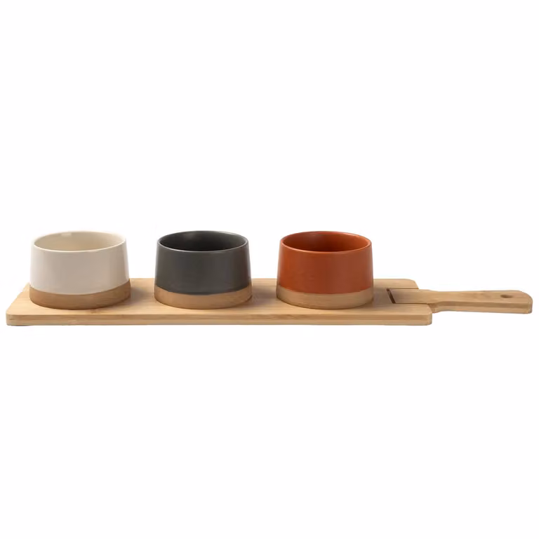 Antipastiera Gusto Casa Linea Terranostra con 3 Ciotole in Ceramica Multicolore e Base in Bamboo, L: 48 cm, P: 12 cm