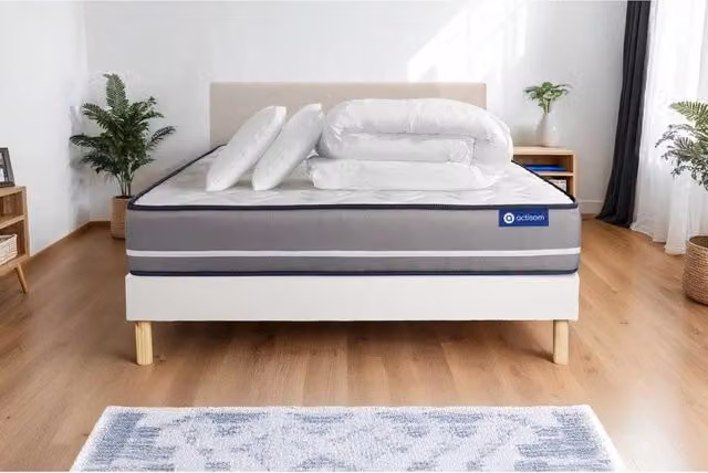 Pacchetto letto completo - Materasso 140x190cm + Box spring con doghe (in kit) + 2 cuscini + Piumino - Actiflex Pur
