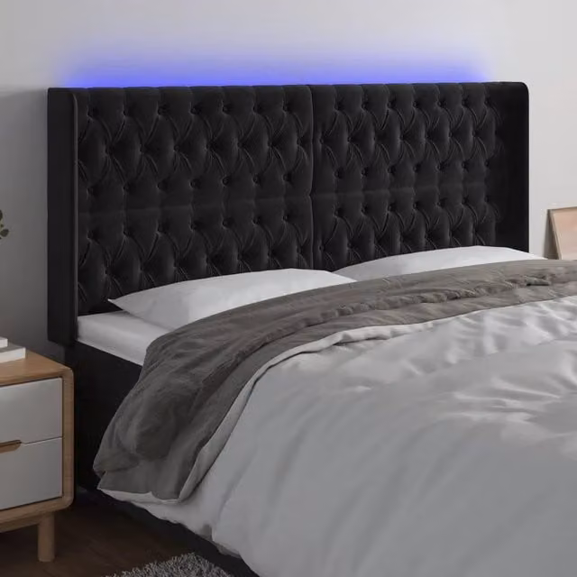 Testiera a LED-Testata con LED Nera 203x16x118/128 cm in Velluto 622855