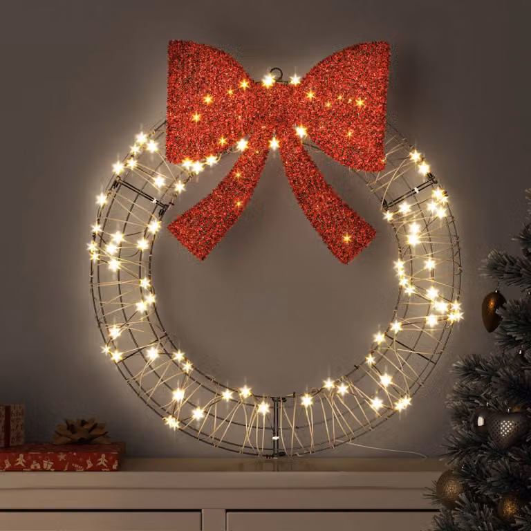 Ghirlanda di Natale vidaXL in Rattan Bianco con 60 LED a Luce Calda e Telecomando, L 75 x P 75 x H 8 cm