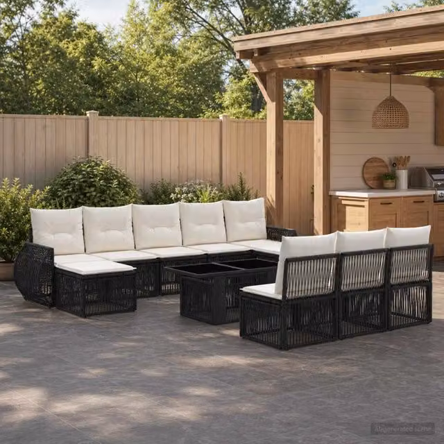 Set Divano da Giardino Moderno vidaXL in Polyrattan Nero e Bianco con Cuscini e Tavolino da Esterno a Forma di U
