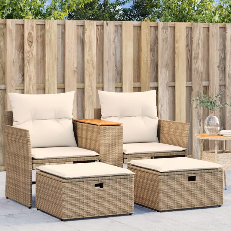 Set da giardino vidaXL composto da divano da esterno a 2 posti, tavolino e sgabello con cuscini beige e struttura in legno di acacia e metallo