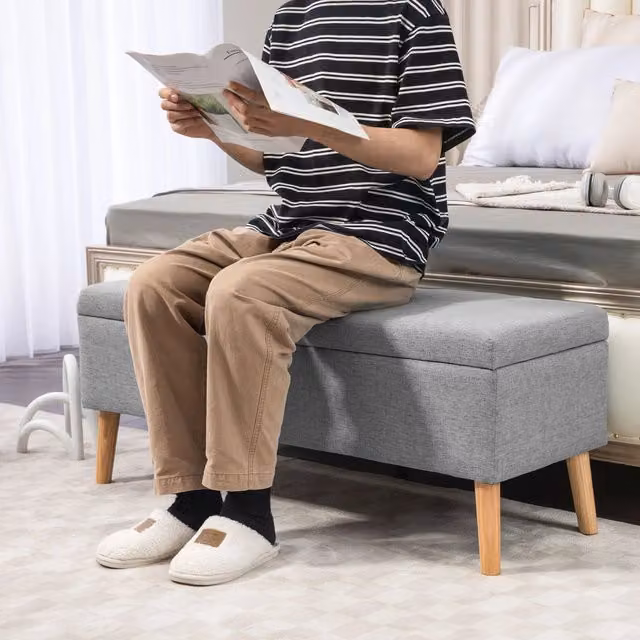 Panca contenitore imbottita OKWISH in tessuto grigio con seduta morbida L: 110 cm, P: 39 cm, H: 45 cm