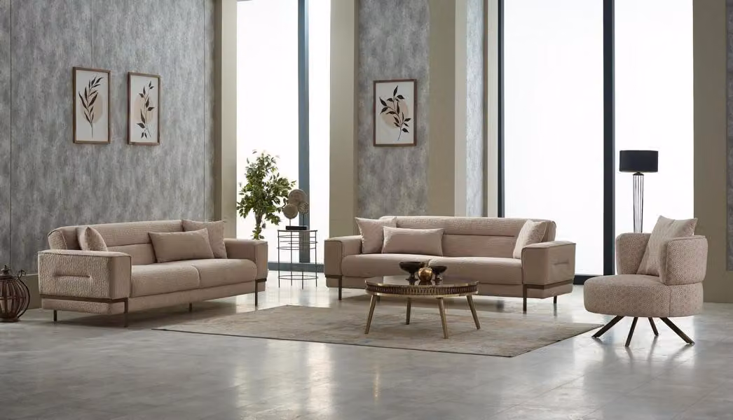 Sofagarnitur Dreisitzer Sofa Stoffsofa Polstersofa Beige Sessel 3tlg