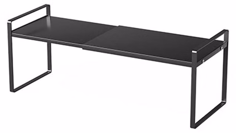 Organizzatore estensibile per scaffali, metallo nero, dimensioni 35-65 x 27 x 25 cm