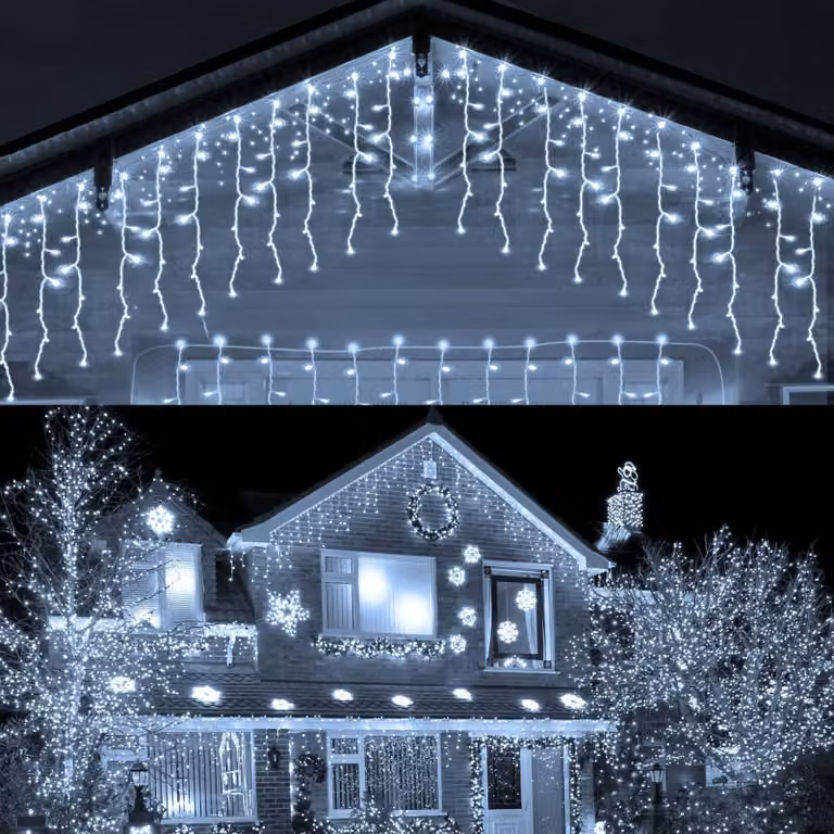 Catena luminosa a LED effetto pioggia di ghiaccio, 400 LED, 10 metri, colore bianco, grado di protezione IP44, con timer