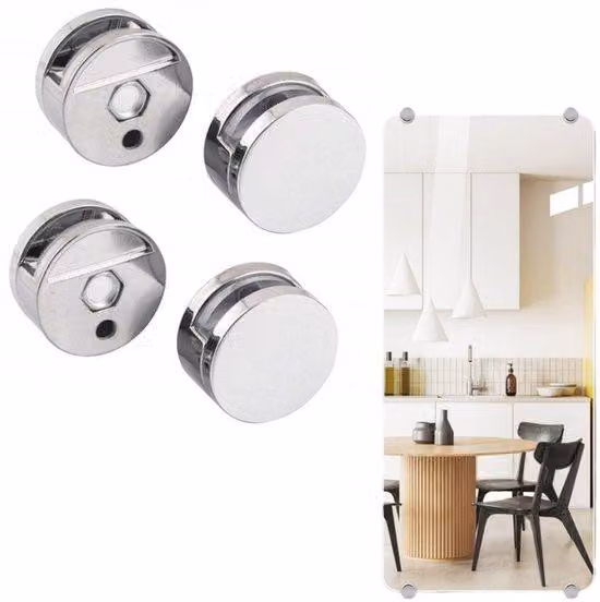 Supporto per specchio da bagno a quattro bracci con guida per lastre di vetro - Supporto per specchi da parete - Robusto supporto per specchi da fissare a parete con viti - Supporto per specchi a 4 bracci color argento - Adatto a specchi e lastre di vetro