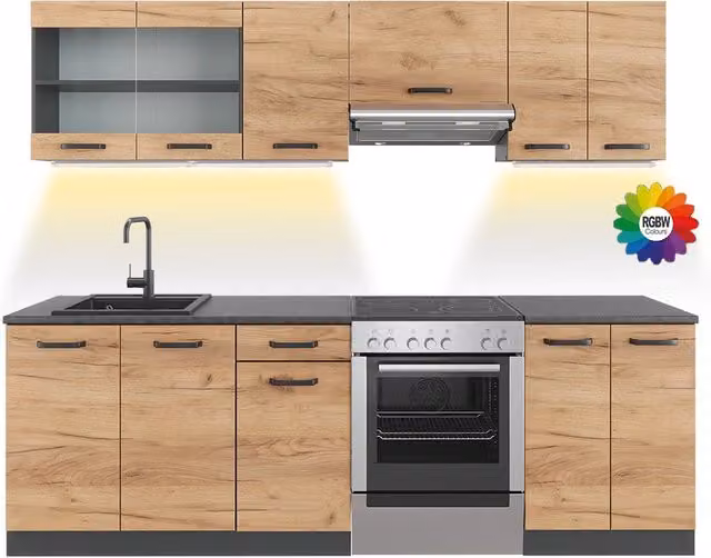 Mobile da cucina R-Line Rovere dorato/Antracite 240 cm, PL Fantasia nera con striscia LED Vicco