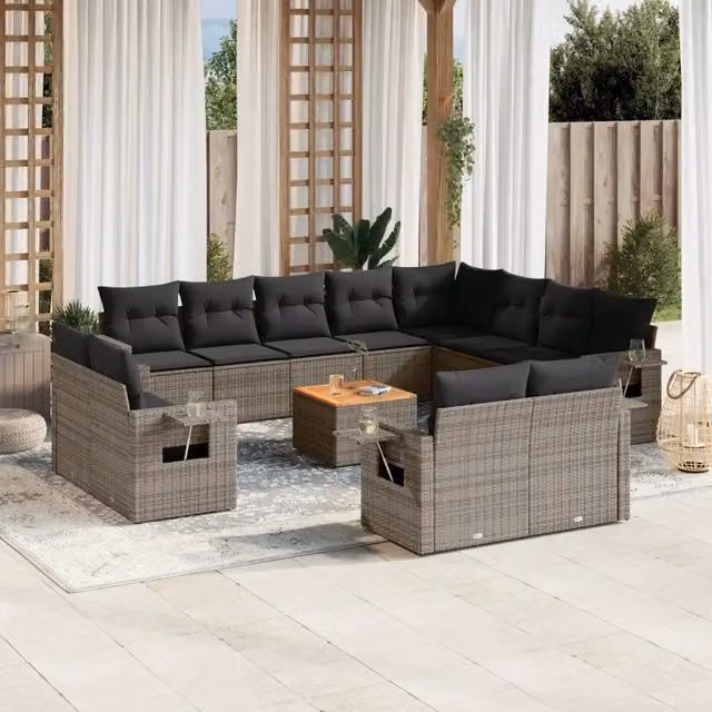 Set di Divani da Giardino VIDAXL a Forma di U in Polyrattan Grigio con 13 Pezzi e Cuscini – 1