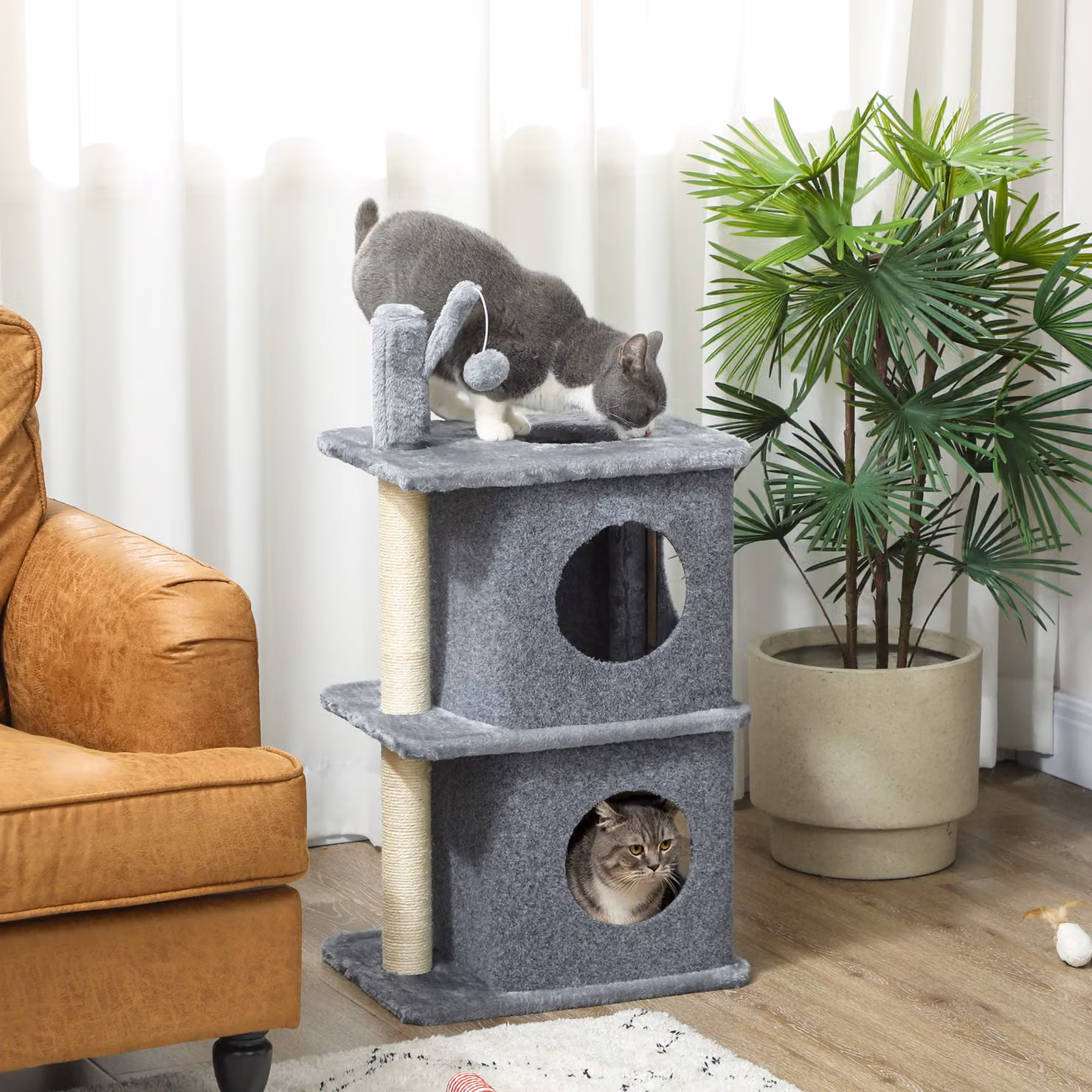 Albero Tiragraffi PawHut a 3 Livelli con 2 Nicchie e Giocattoli Integrati, in Sisal, Grigio scuro, L 33 cm x P 33 cm x H 80 cm – 2