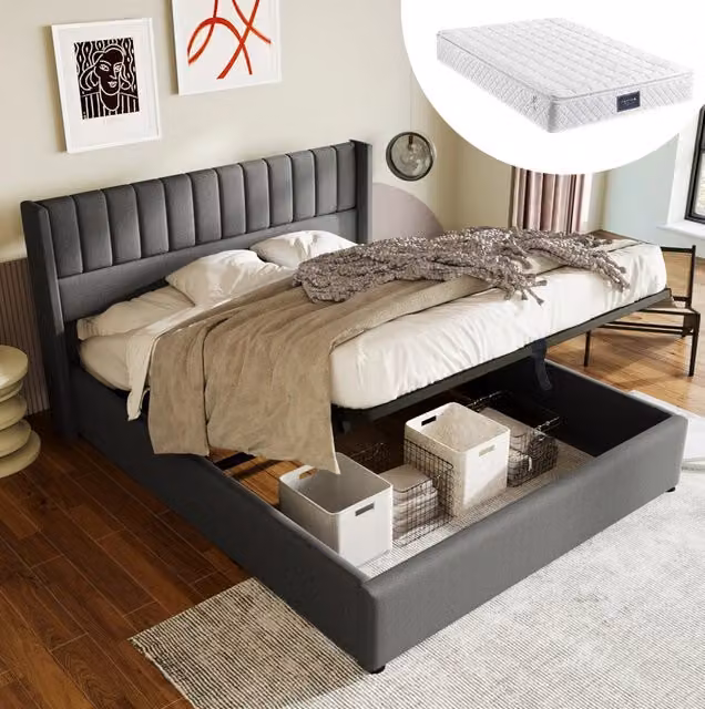 Letto matrimoniale imbottito contenitore 140x200 cm con materasso; lino grigio