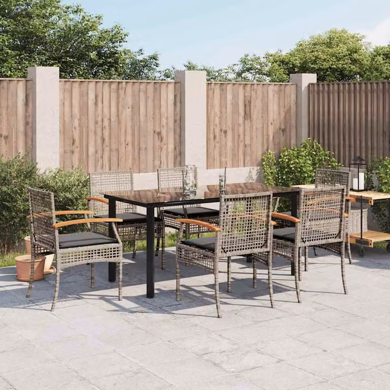 vidaXL Set da Pranzo da Giardino 7 pz in Polyrattan e Legno di Acacia con Piano in Vetro Grigio e Nero