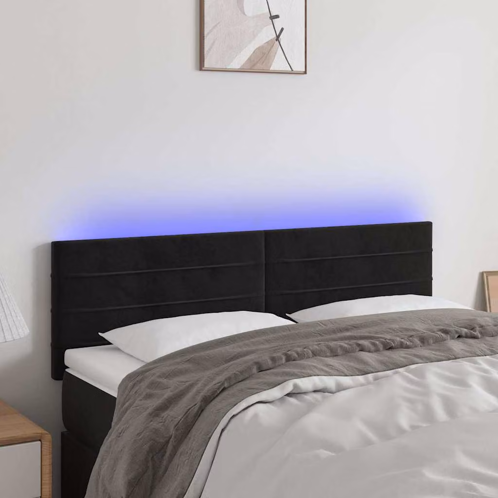 Testiera per letto vidaXL in velluto nero con illuminazione LED e porta di ricarica USB, L 144 x P 5 x H 78/88 cm
