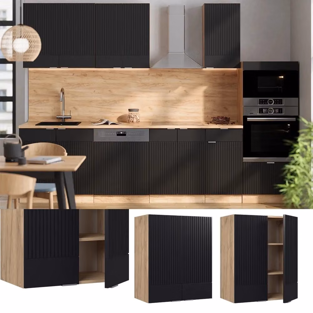 Pensile da cucina Vicco Fame-Line moderno in MDF nero rigato e rovere dorato con ante a battente L/P/H: 60 x 34,1 x 72 cm – 2
