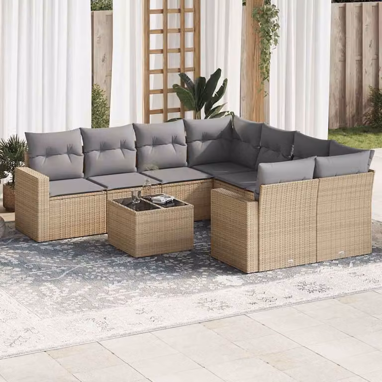 vidaXL Set Divano da Giardino a L 9 pz in Polyrattan con Cuscini Beige e Tavolino da Esterno