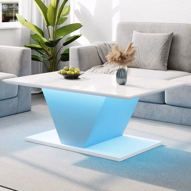 Tavolino da caffè MINIMAL a forma di V con LED, Bianco Lucido, L 100 cm x P 50 cm x H 46 cm