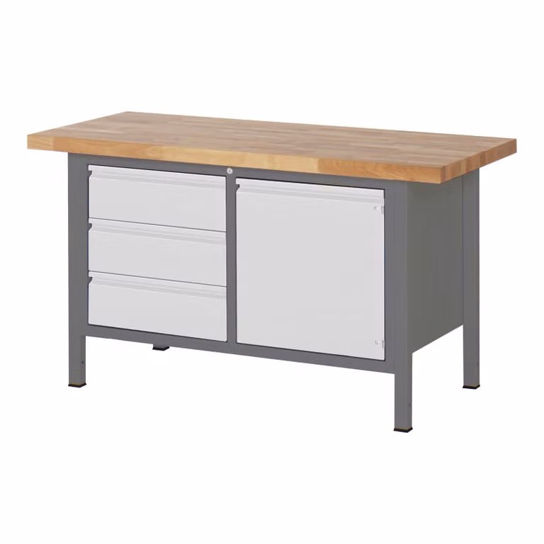 STIER Banco da lavoro regolabile in altezza Premium, 3 cassetti e 1 anta, 150x70x84-104 cm, acciaio e faggio