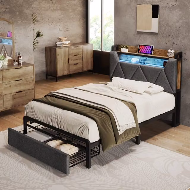 Letto singolo WISHDOR in tessuto grigio con testiera contenitore, illuminazione LED, porte USB, cassetti e struttura in metallo, L/P/H: 90 x 200 x 110 cm – 1