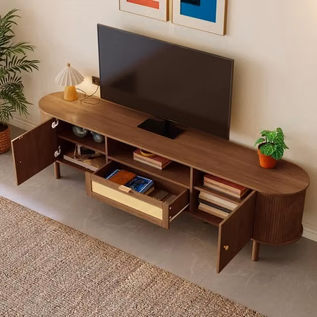 Mobile porta TV in MDF con 2 ante semicircolari cassetti e vano aperto per soggiorno finitura noce 175 × 36 × 51 cm